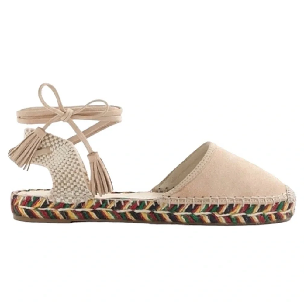 J. Crew Baja desert canyon Suede Flat Espadrilles Sz 9 Lace Up Ankle Ties Beige - Picture 1 of 12